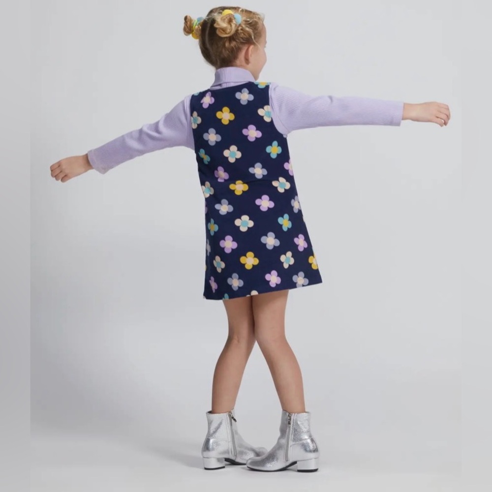 Bisby Jumper Dress Girl’s 12 L Navy Blue Retro Flower Power Zip-Front - Picture 4 of 9
